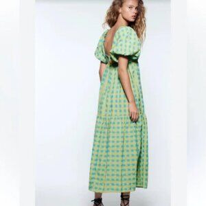 NWT Zara Bloggers Favorite Yellow Blue Checkered Maxi Dress Puff Sleeve Sz S